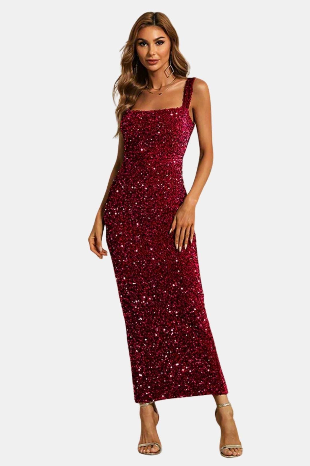 Sequin Bodycon Maxi Dress – Square Neck Formal Evening Dress