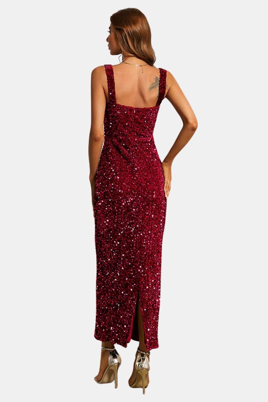 Sequin Bodycon Maxi Dress – Square Neck Formal Evening Dress