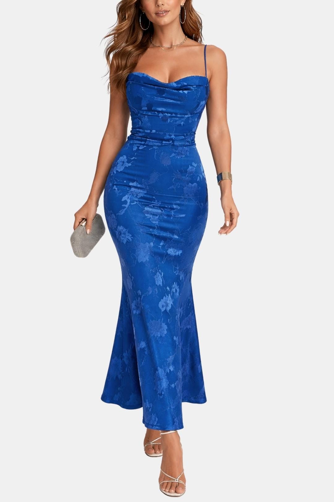 Floral Jacquard Cowl Neck Maxi Dress – Ruched Mermaid Formal Dress