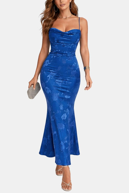 Floral Jacquard Cowl Neck Maxi Dress – Ruched Mermaid Formal Dress