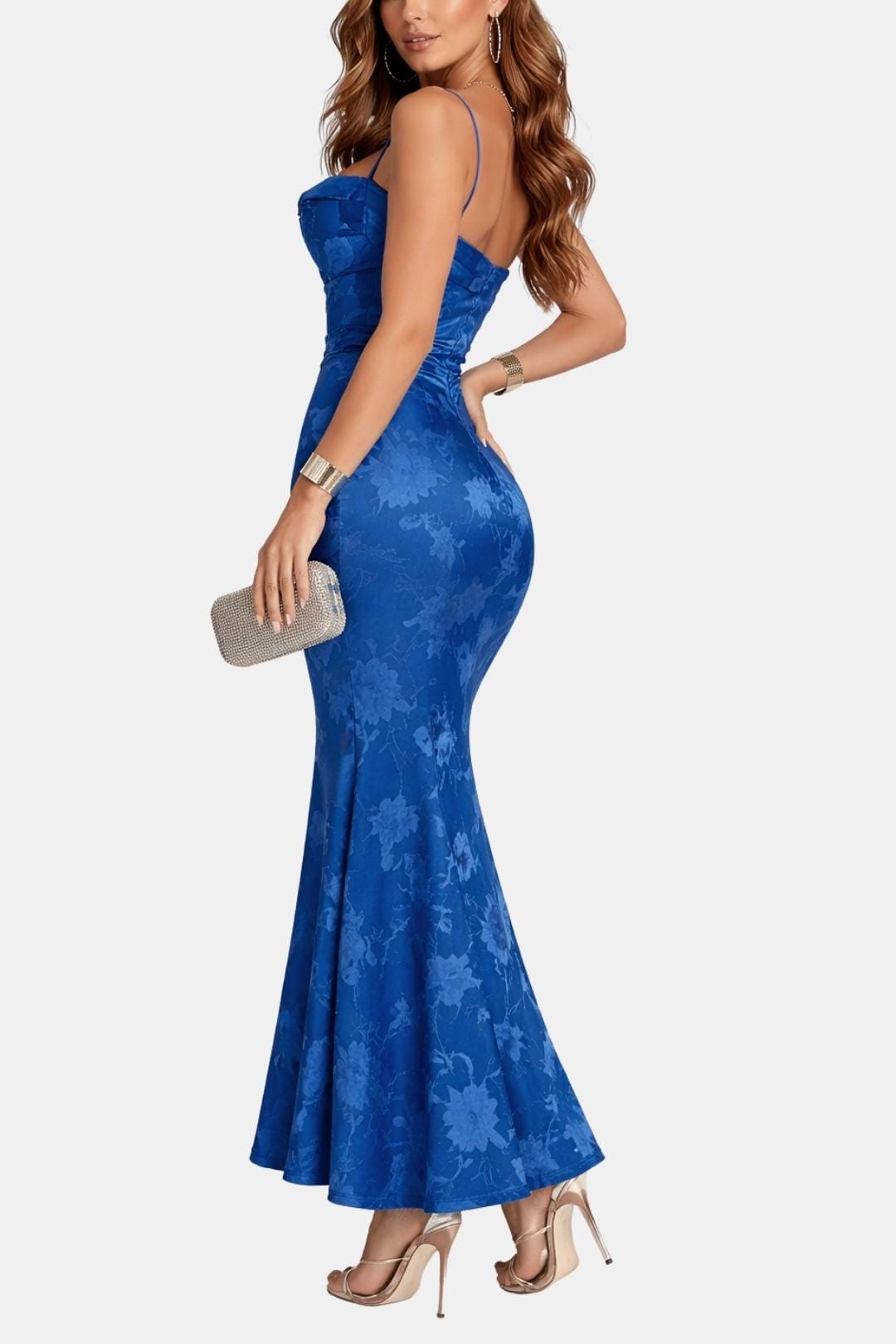 Floral Jacquard Cowl Neck Maxi Dress – Ruched Mermaid Formal Dress