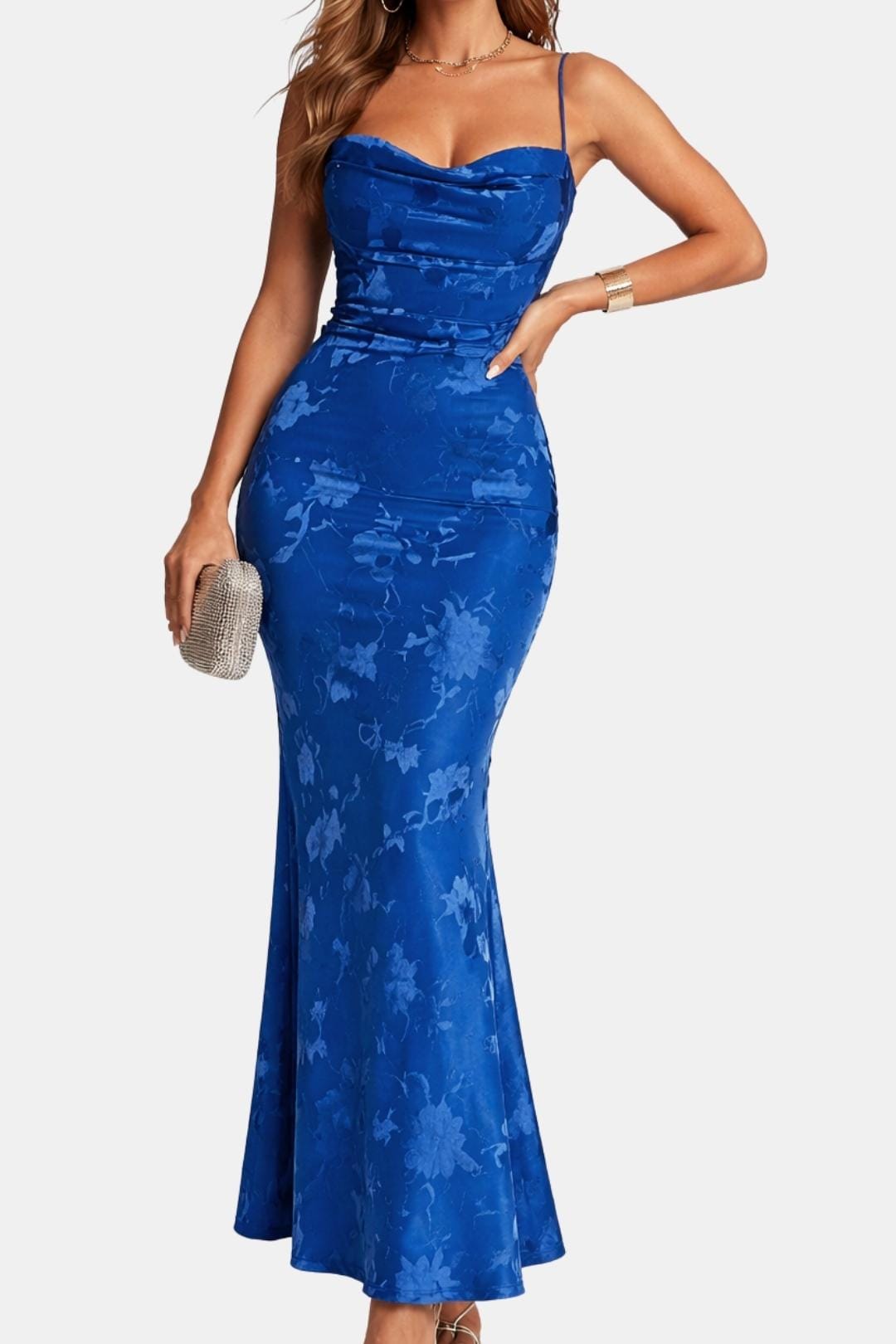 Floral Jacquard Cowl Neck Maxi Dress – Ruched Mermaid Formal Dress