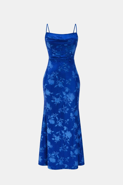 Floral Jacquard Cowl Neck Maxi Dress – Ruched Mermaid Formal Dress