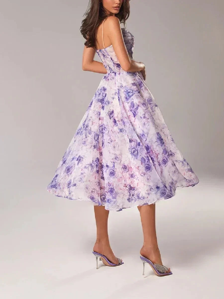 Floral A-Line Midi Dress – Spaghetti Strap Bandeau Wedding Guest Dress