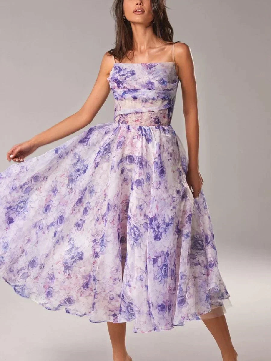 Floral A-Line Midi Dress – Spaghetti Strap Bandeau Wedding Guest Dress