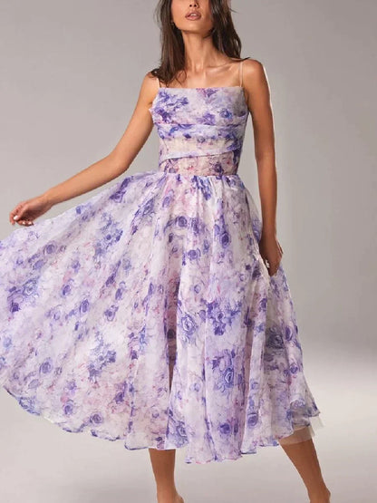 Floral A-Line Midi Dress – Spaghetti Strap Bandeau Wedding Guest Dress