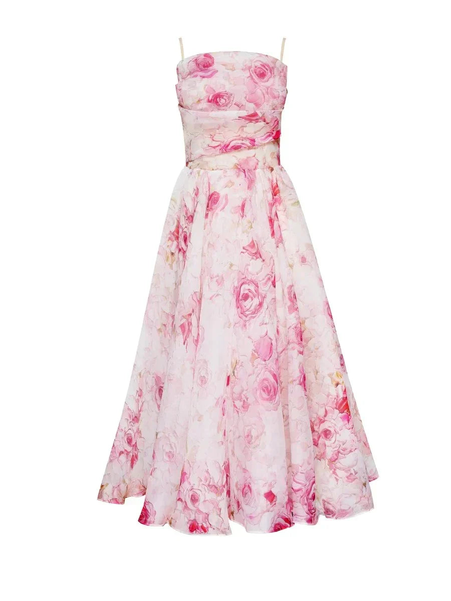 Floral A-Line Midi Dress – Spaghetti Strap Bandeau Wedding Guest Dress