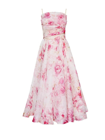 Floral A-Line Midi Dress – Spaghetti Strap Bandeau Wedding Guest Dress