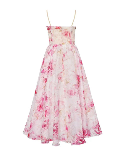 Floral A-Line Midi Dress – Spaghetti Strap Bandeau Wedding Guest Dress