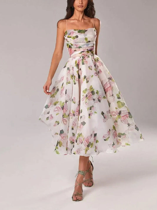 Floral A-Line Midi Dress – Spaghetti Strap Bandeau Wedding Guest Dress