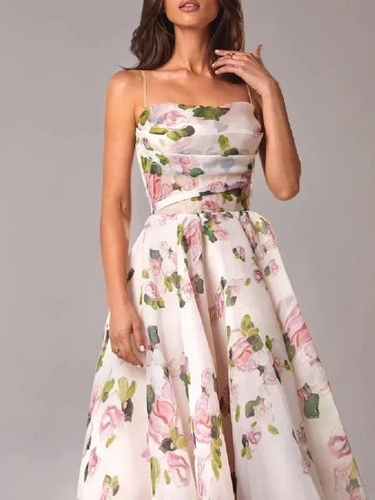 Floral A-Line Midi Dress – Spaghetti Strap Bandeau Wedding Guest Dress