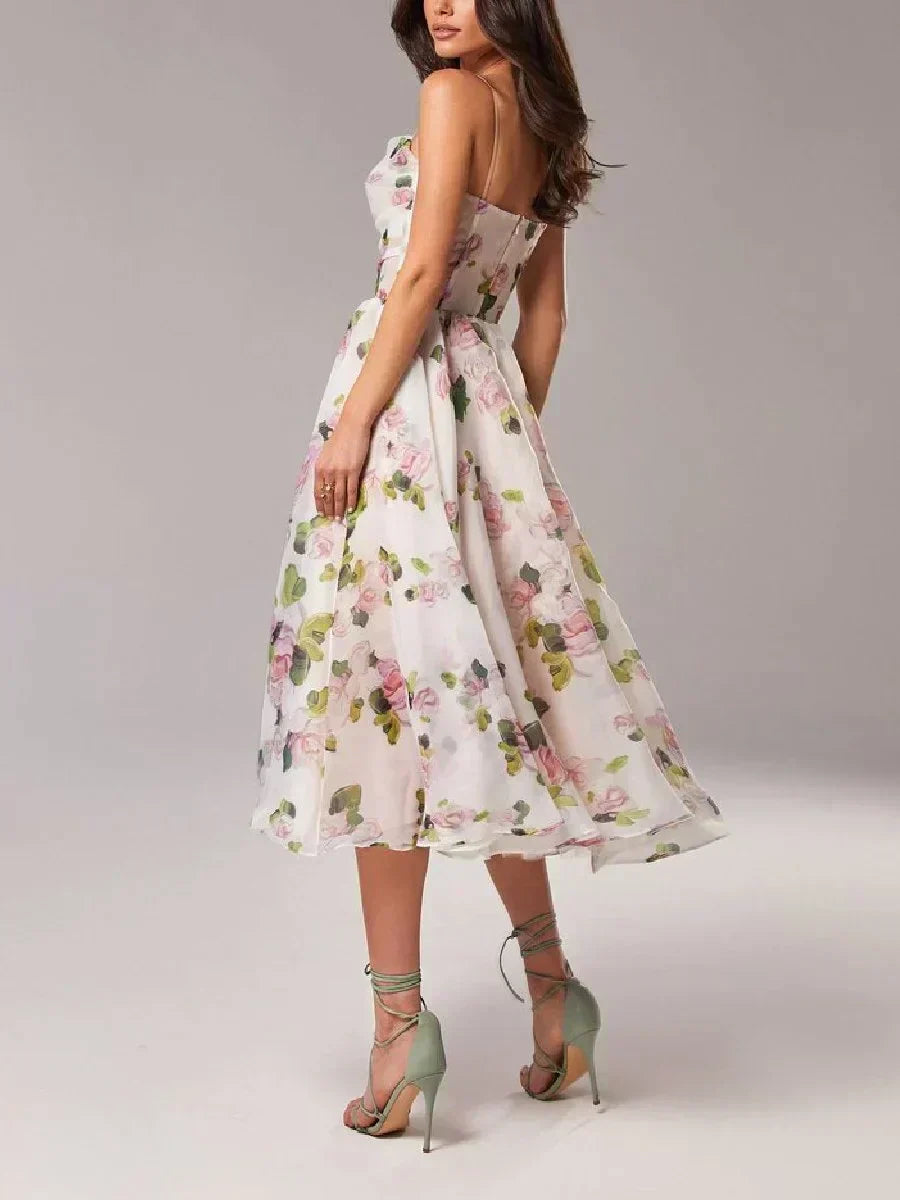 Floral A-Line Midi Dress – Spaghetti Strap Bandeau Wedding Guest Dress