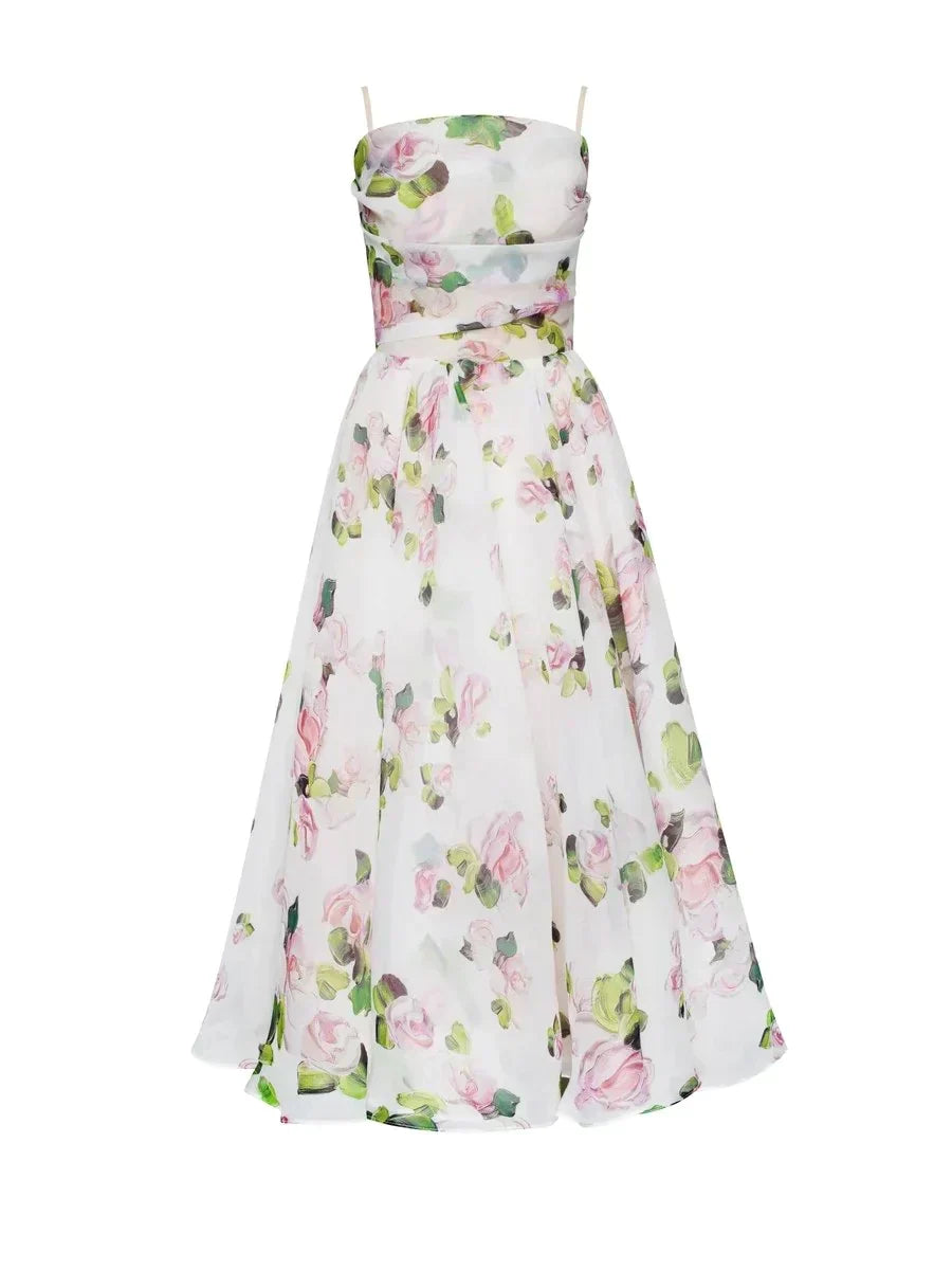 Floral A-Line Midi Dress – Spaghetti Strap Bandeau Wedding Guest Dress