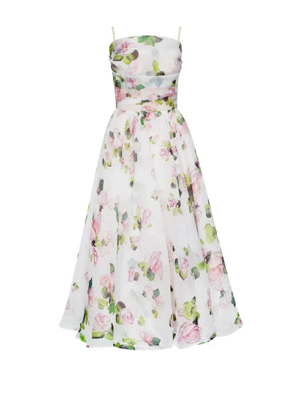 Floral A-Line Midi Dress – Spaghetti Strap Bandeau Wedding Guest Dress