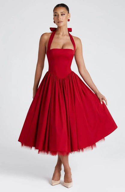 Halter Neck Corset Midi Dress – Fit-and-Flare Tulle Hem Occasion Dress
