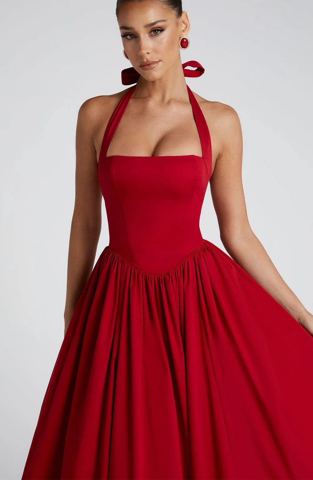 Halter Neck Corset Midi Dress – Fit-and-Flare Tulle Hem Occasion Dress