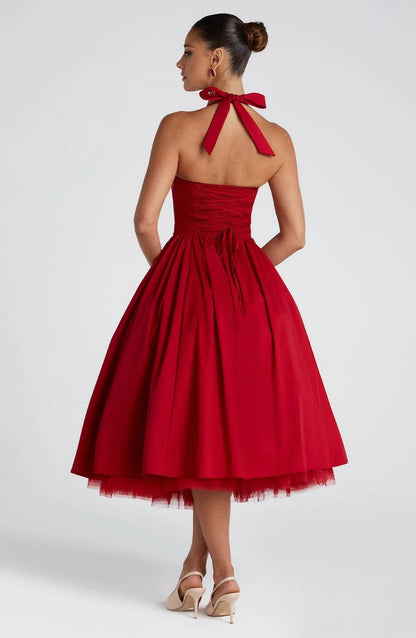 Halter Neck Corset Midi Dress – Fit-and-Flare Tulle Hem Occasion Dress