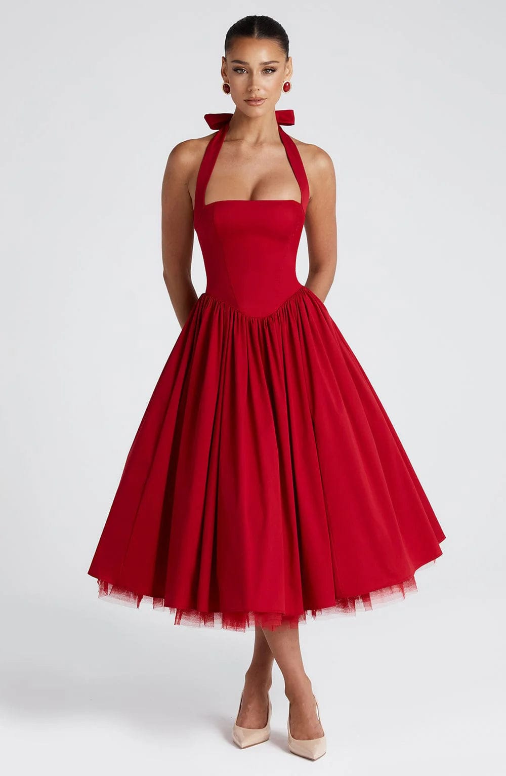 Halter Neck Corset Midi Dress – Fit-and-Flare Tulle Hem Occasion Dress