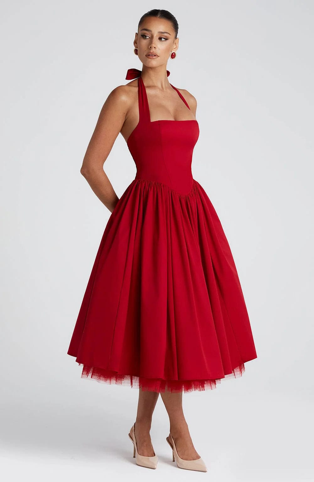 Halter Neck Corset Midi Dress – Fit-and-Flare Tulle Hem Occasion Dress