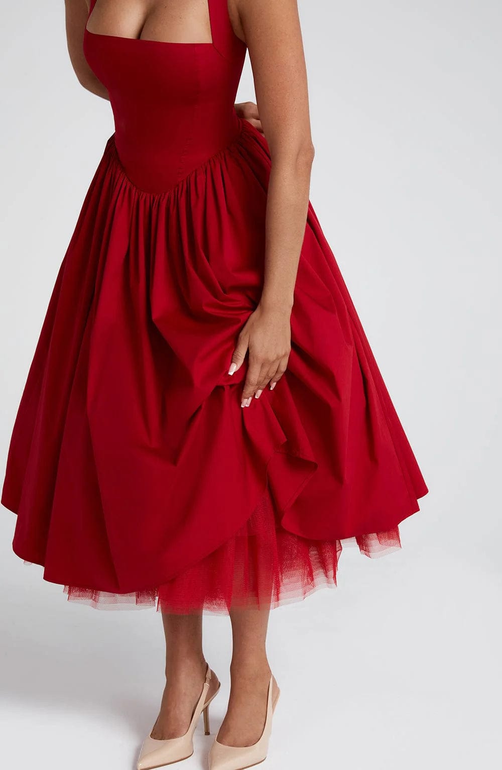 Halter Neck Corset Midi Dress – Fit-and-Flare Tulle Hem Occasion Dress