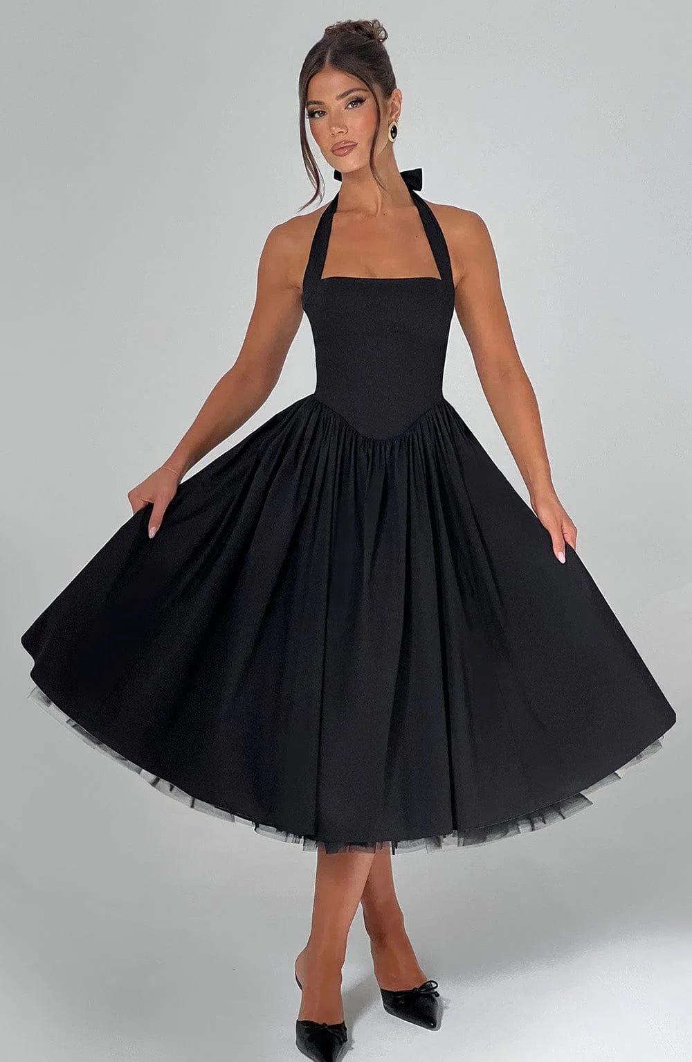 Halter Neck Corset Midi Dress – Fit-and-Flare Tulle Hem Occasion Dress