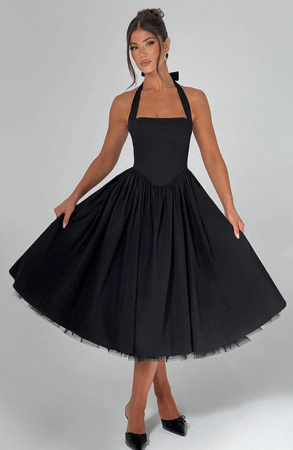 Halter Neck Corset Midi Dress – Fit-and-Flare Tulle Hem Occasion Dress
