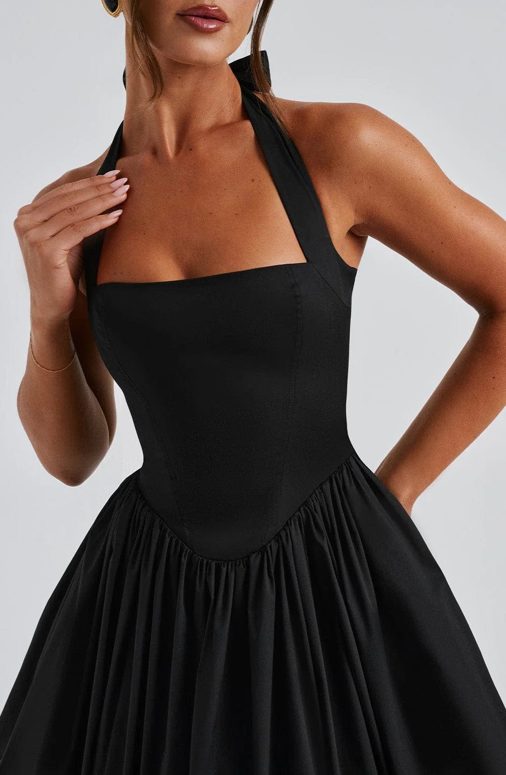 Halter Neck Corset Midi Dress – Fit-and-Flare Tulle Hem Occasion Dress