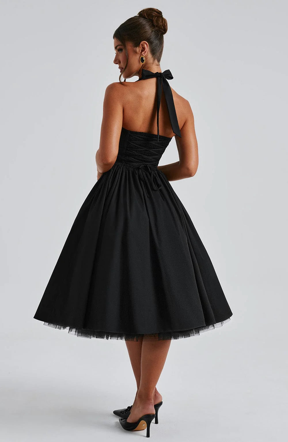 Halter Neck Corset Midi Dress – Fit-and-Flare Tulle Hem Occasion Dress