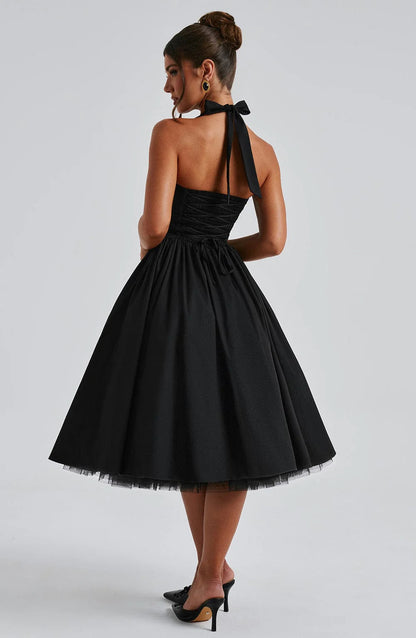 Halter Neck Corset Midi Dress – Fit-and-Flare Tulle Hem Occasion Dress