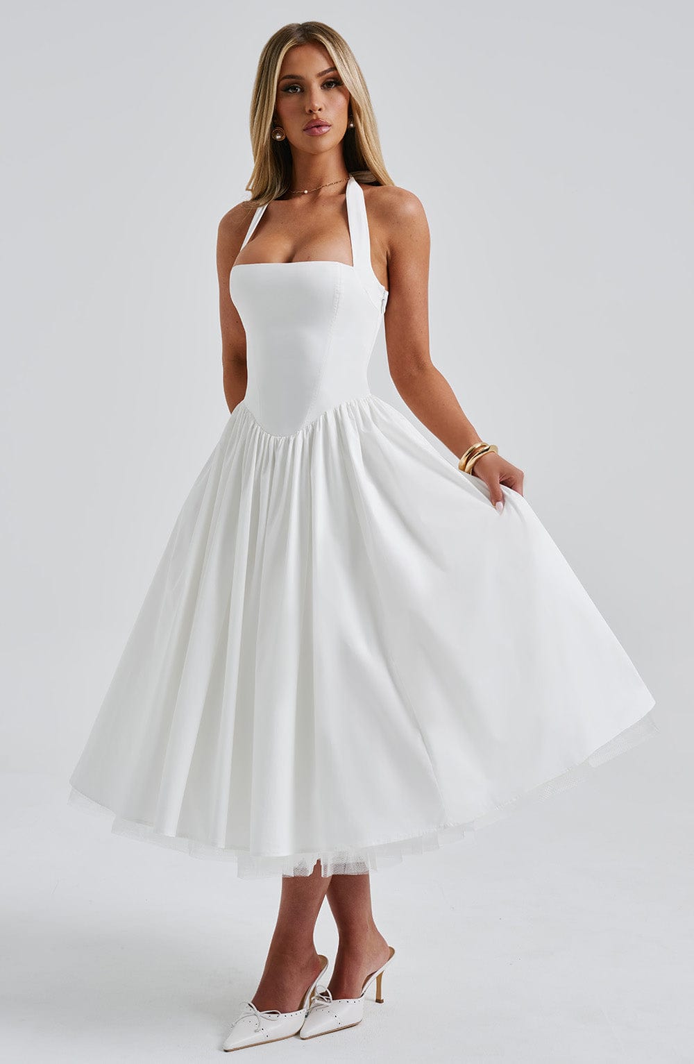 Halter Neck Corset Midi Dress – Fit-and-Flare Tulle Hem Occasion Dress
