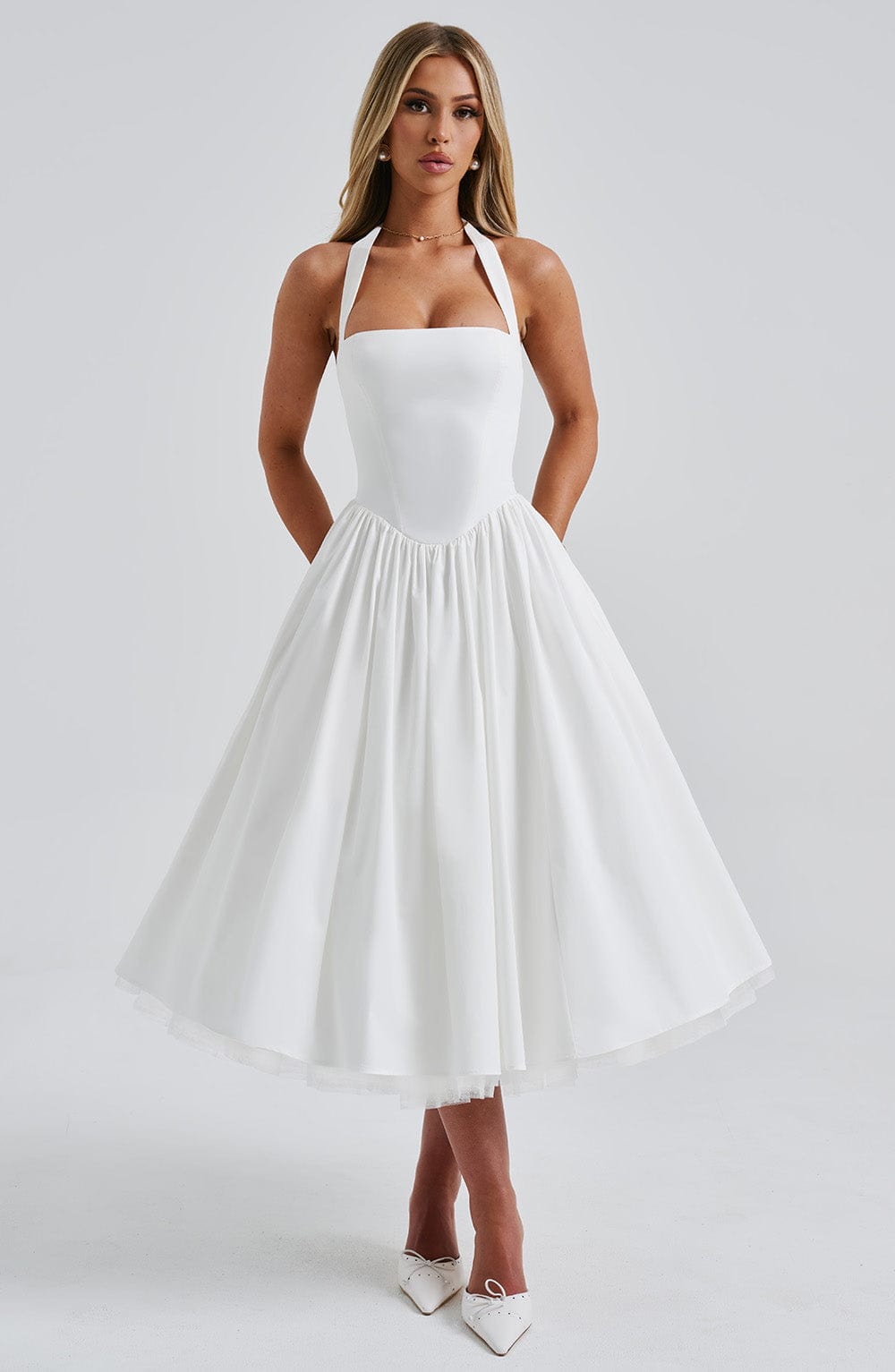 Halter Neck Corset Midi Dress – Fit-and-Flare Tulle Hem Occasion Dress