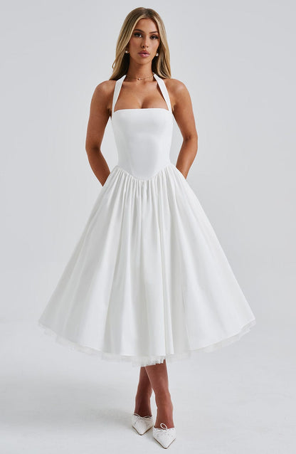 Halter Neck Corset Midi Dress – Fit-and-Flare Tulle Hem Occasion Dress