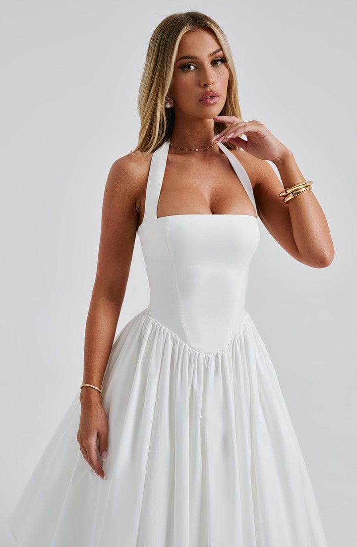 Halter Neck Corset Midi Dress – Fit-and-Flare Tulle Hem Occasion Dress