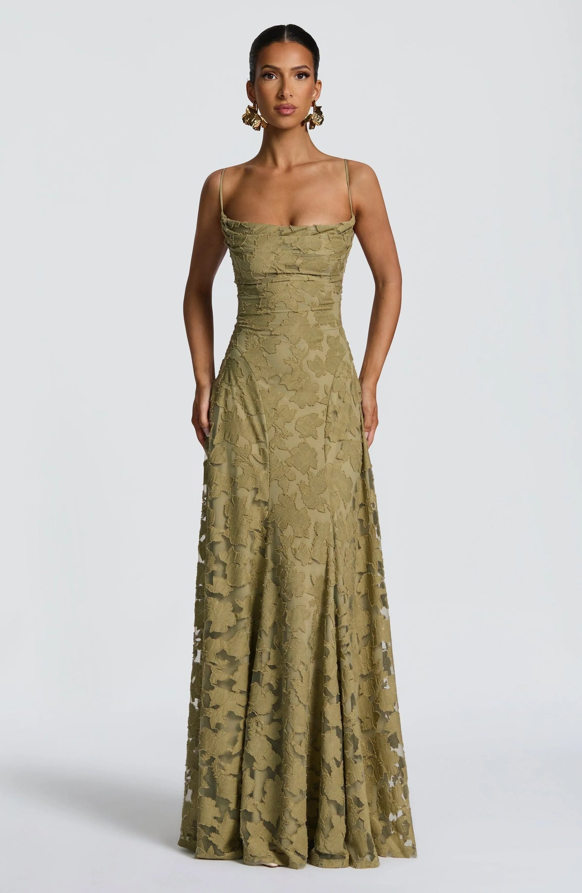 Floral Lace A-Line Maxi Dress – Spaghetti Strap Formal Evening Gown