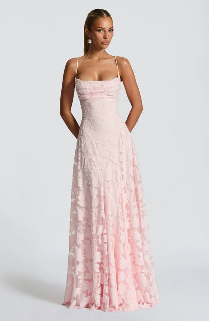 Floral Lace A-Line Maxi Dress – Spaghetti Strap Formal Evening Gown