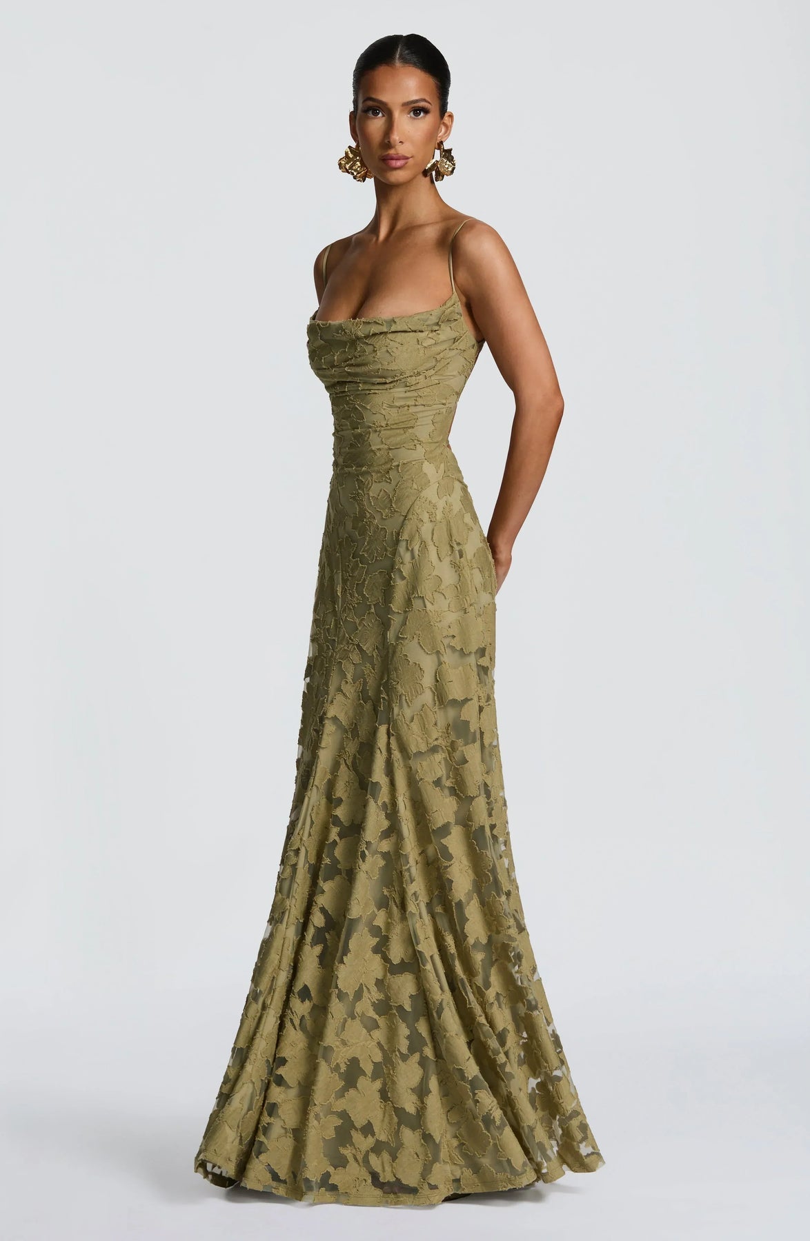 Floral Lace A-Line Maxi Dress – Spaghetti Strap Formal Evening Gown