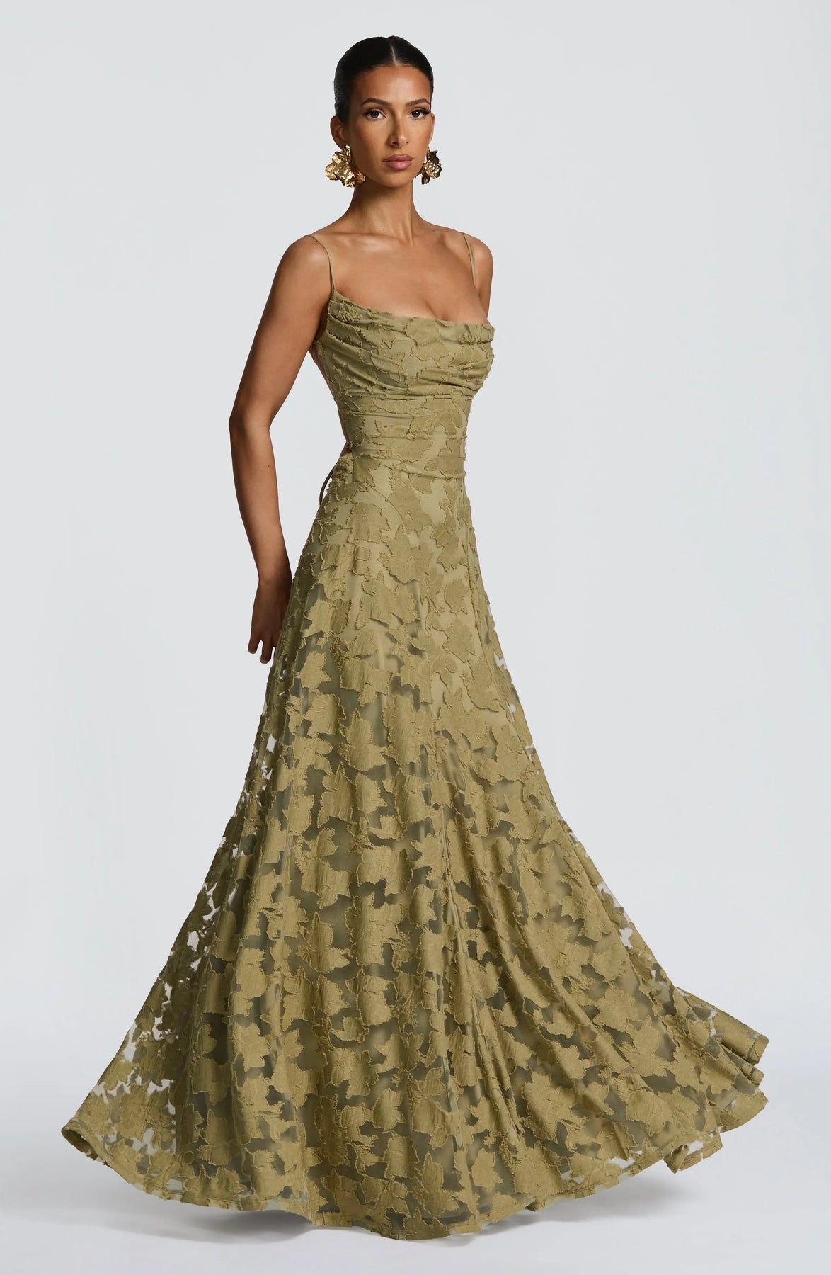 Floral Lace A-Line Maxi Dress – Spaghetti Strap Formal Evening Gown