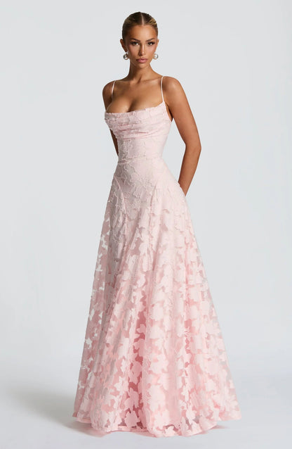 Floral Lace A-Line Maxi Dress – Spaghetti Strap Formal Evening Gown