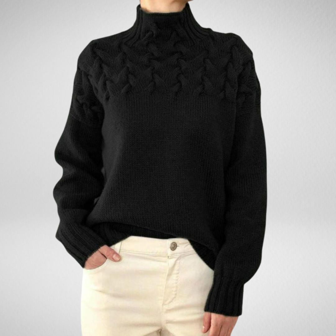 Chunky Cable Knit Turtleneck Sweater – Yoke Detail Relaxed Fit