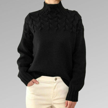 Chunky Cable Knit Turtleneck Sweater – Yoke Detail Relaxed Fit