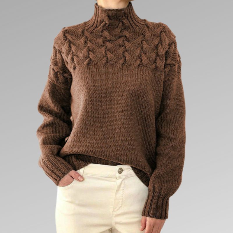 Chunky Cable Knit Turtleneck Sweater – Yoke Detail Relaxed Fit