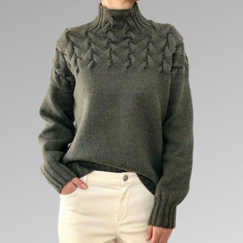 Chunky Cable Knit Turtleneck Sweater – Yoke Detail Relaxed Fit