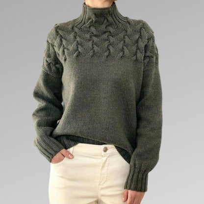 Chunky Cable Knit Turtleneck Sweater – Yoke Detail Relaxed Fit