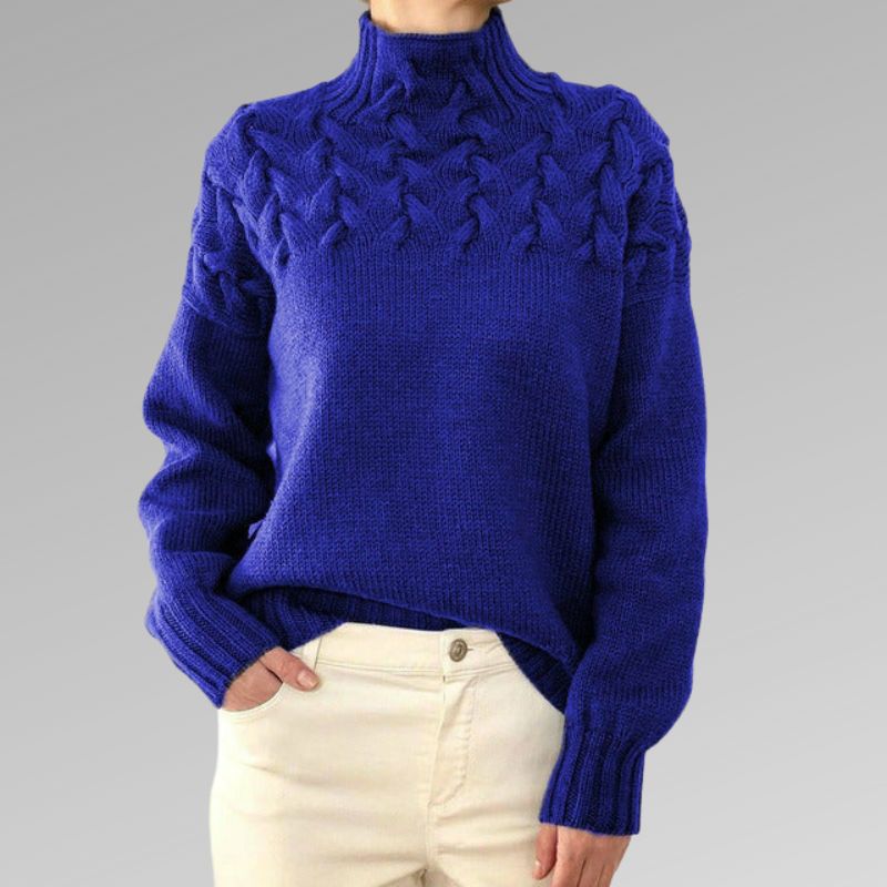 Chunky Cable Knit Turtleneck Sweater – Yoke Detail Relaxed Fit