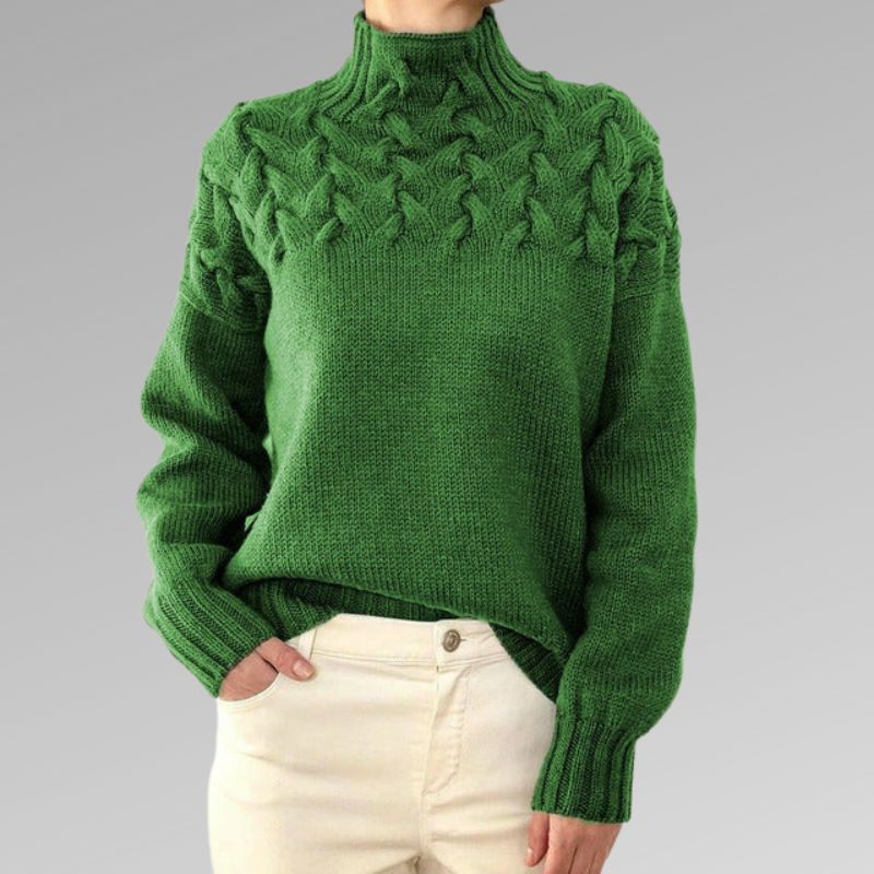 Chunky Cable Knit Turtleneck Sweater – Yoke Detail Relaxed Fit