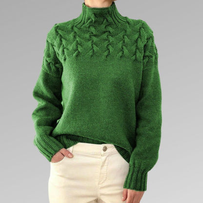 Chunky Cable Knit Turtleneck Sweater – Yoke Detail Relaxed Fit