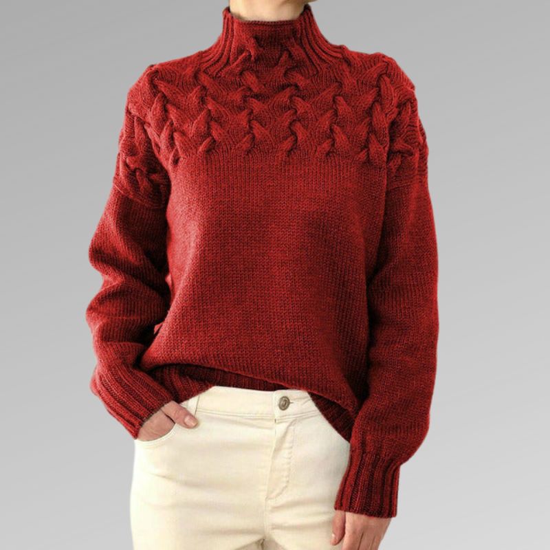 Chunky Cable Knit Turtleneck Sweater – Yoke Detail Relaxed Fit