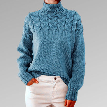 Chunky Cable Knit Turtleneck Sweater – Yoke Detail Relaxed Fit