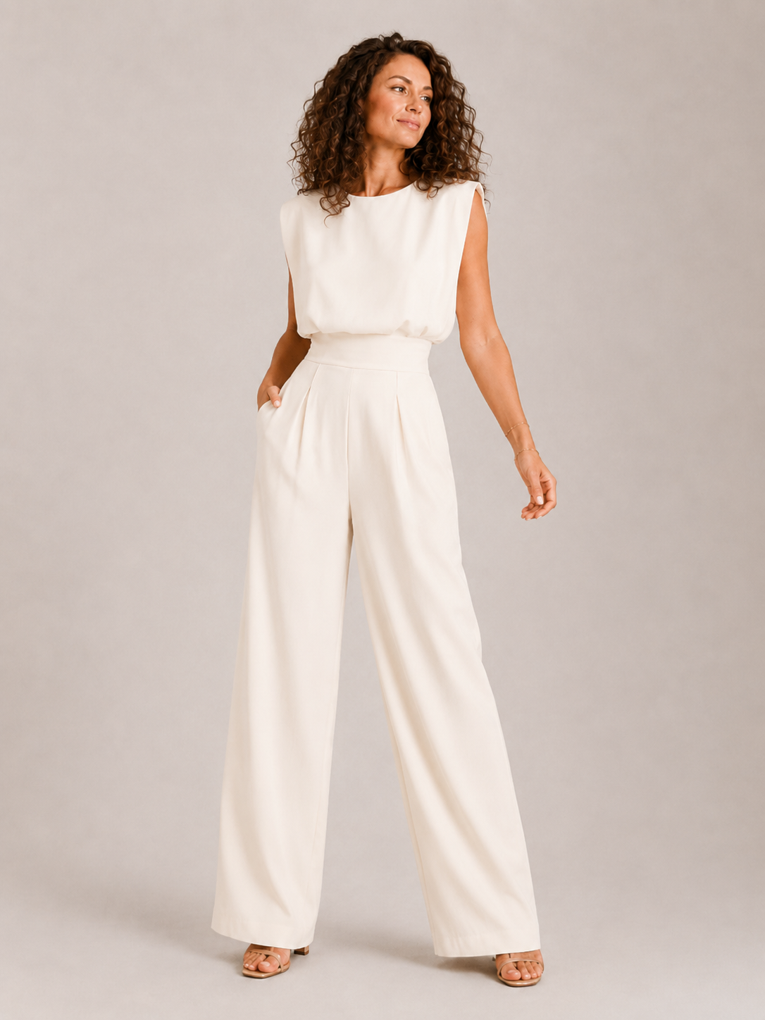 Sleeveless Wide-Leg Jumpsuit – High Waist Pleated Crepe