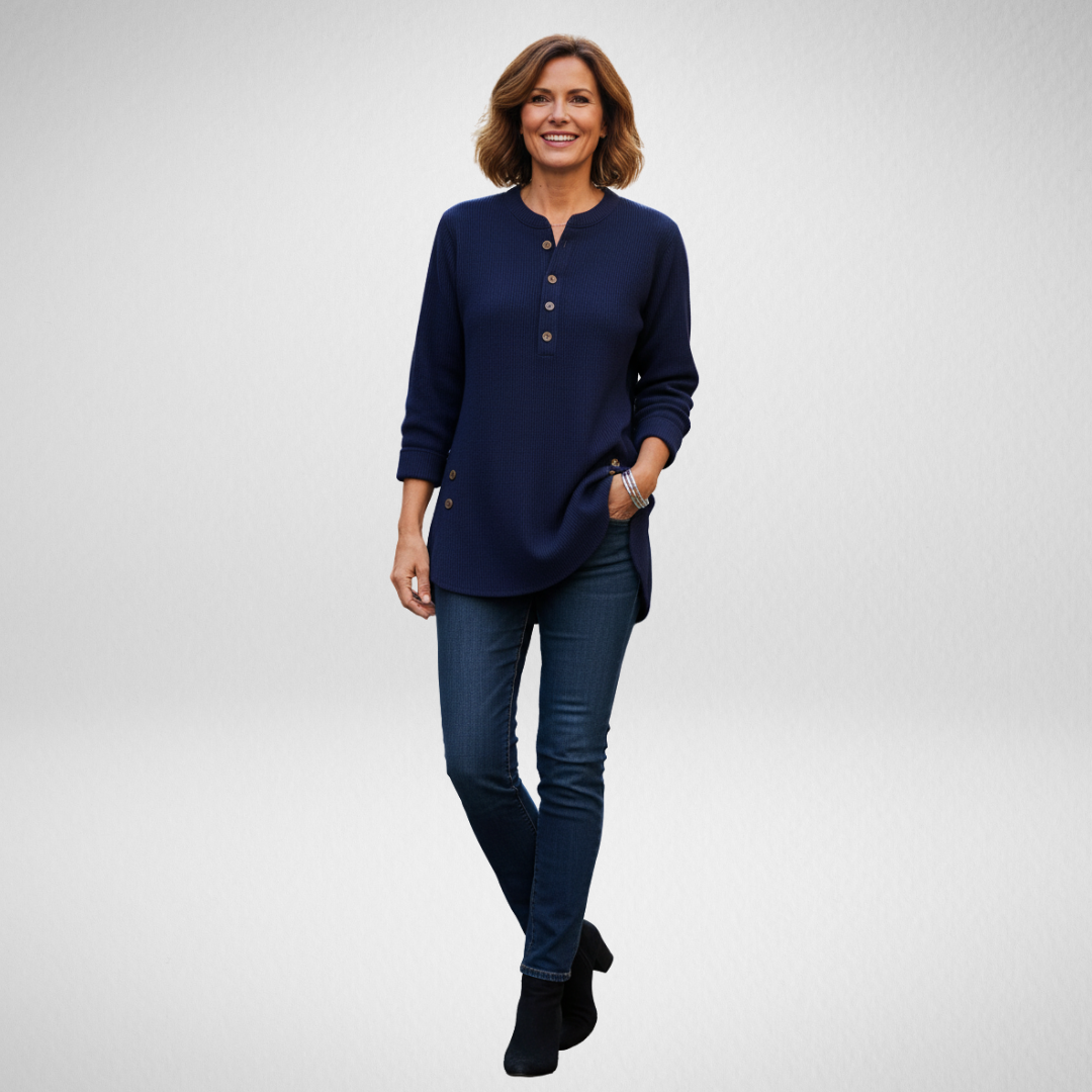 Waffle Knit Henley Tunic Top – Long Sleeve Relaxed Fit